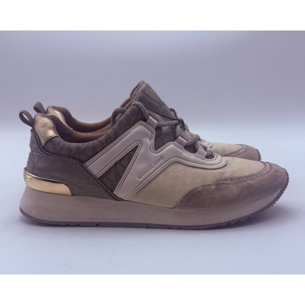 Michael Kors Women's Sneakers Size 9.5M Beige Taupe Gold MK Logo Lace Up Shoes
